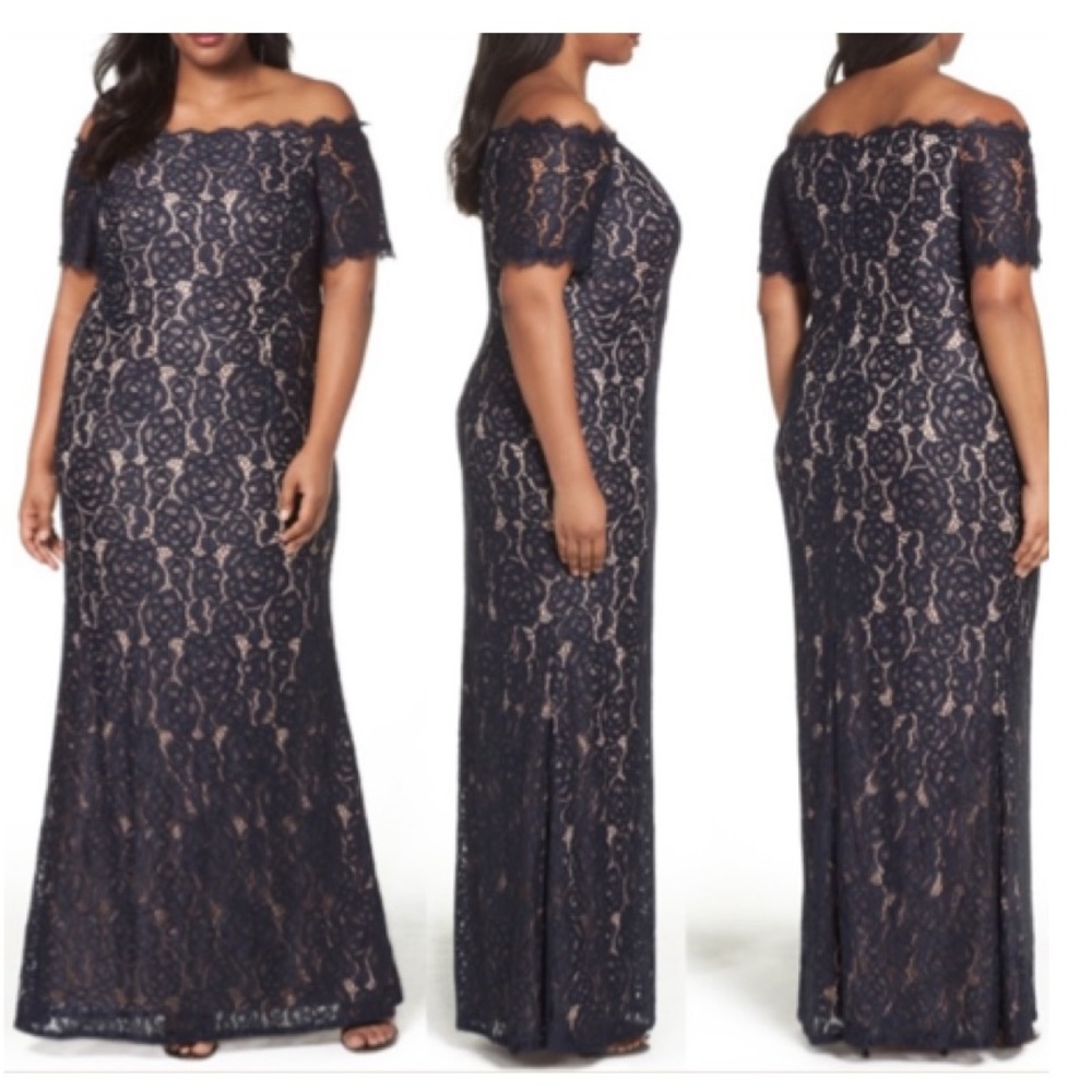 Adrianna-Papell off shoulder lace long Gown - Picture 3 of 11